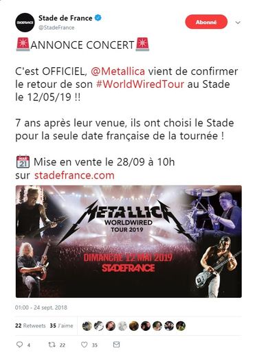 Metallica se produira le 12 mai prochain au Stade de France.