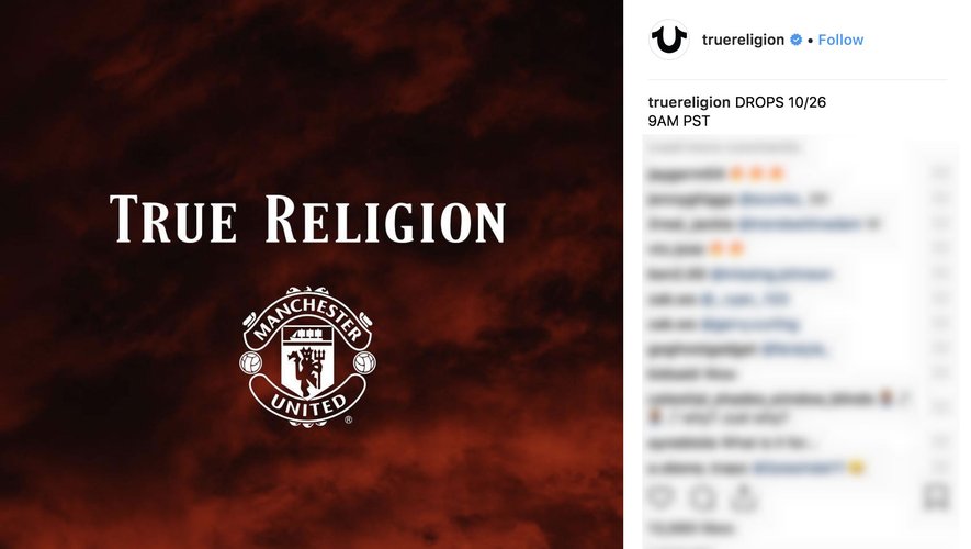 Compte Instagram de True Religion montrant un teaser de sa collaboration avec le club Manchester United