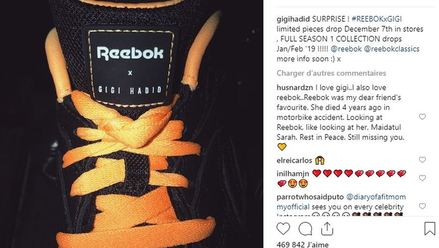 Gigi Hadid annonce sur Instagram une collaboration avec la marque Reebok.