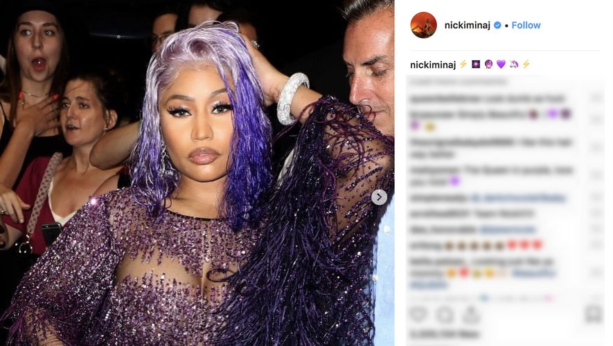 Nicki Minaj et ses cheveux lilas en 2018. Selon Pinterest, cette tendance devrait avoir la cote en 2019.