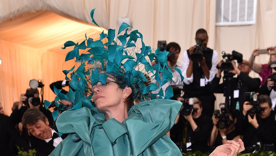 Qu'est-il arrivé à Frances McDormand ? Non seulement sa tenue est bien trop volumineuse (et informe), mais en plus elle risque de ne pas apprécier le Met Gala avec cette coiffe un peu trop envahissante. New York, le 7 mai 2018.