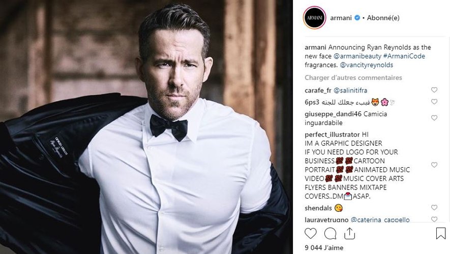 Ryan Reynolds est le nouveau visage des parfums Armani Code d'Armani.