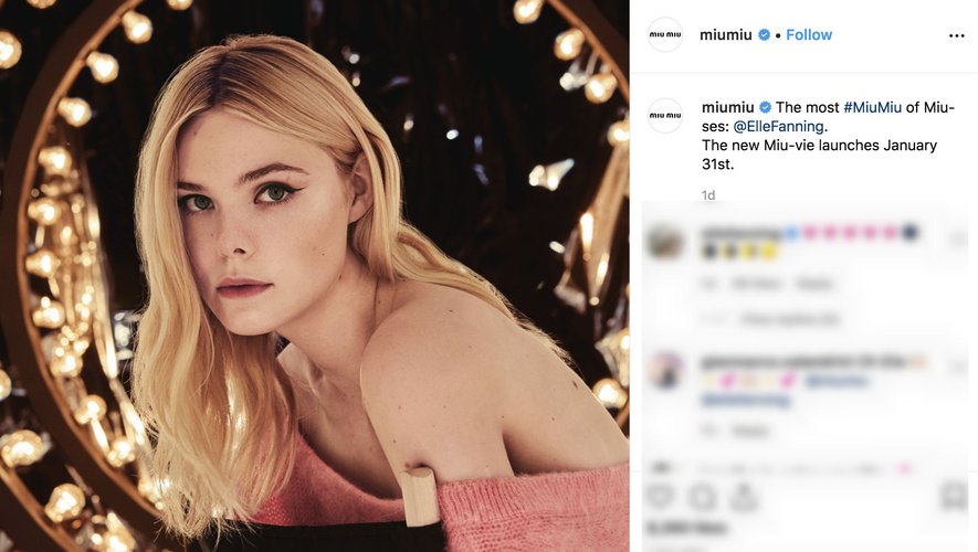 Elle Fanning pour Miu Miu sur Instagram 2019