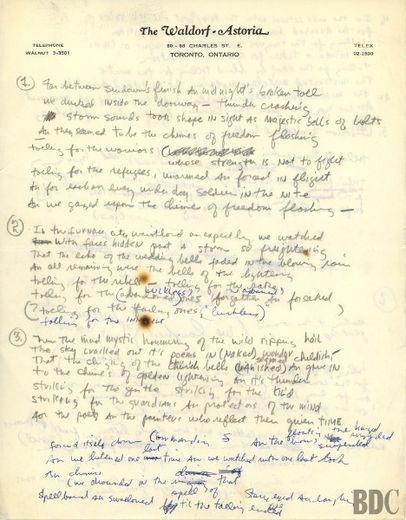 Paroles manuscrites de "Chimes of Freedom" de Bob Dylan