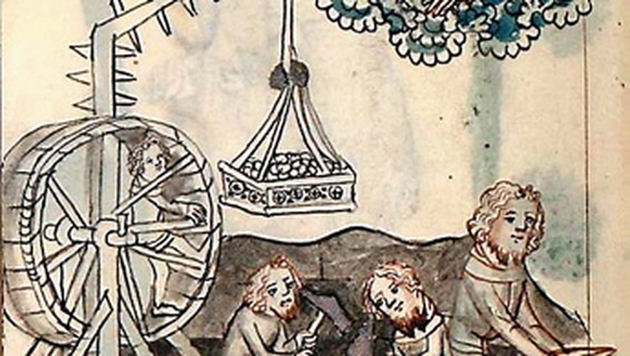 Grue médiévale à roue d’écureuil, illustration extraite du « Speculum humanae salvationis » (latin : Miroir du salut humain), œuvre latine du premier quart du XIV siècle, conservée à la Bibliothèque du Vatican.
