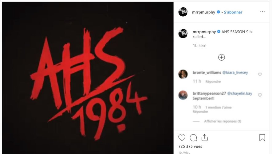 Ryan Murphy a dévoilé un premier teaser de "American Horror Story : 1984" sur son compte Instagram, le 10 avril 2019.