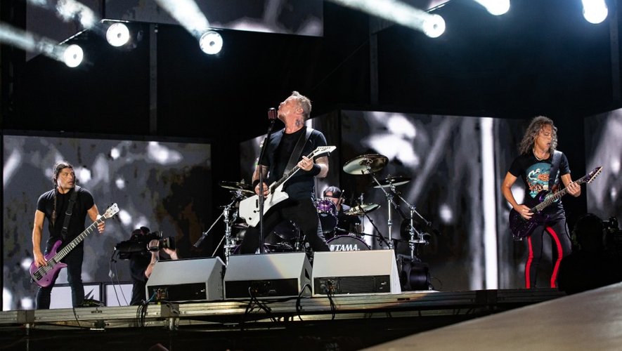Robert Trujillo, Kirk Hammett, Lars Ulrich et Kirk Hammett du groupe Metallica au festival musical Austin City Limits, Zilker Park, Austin (Texas), le 13 octobre 2018