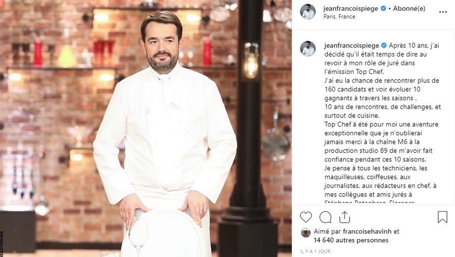 Jean-François Piège a annoncé son départ de "Top Chef"