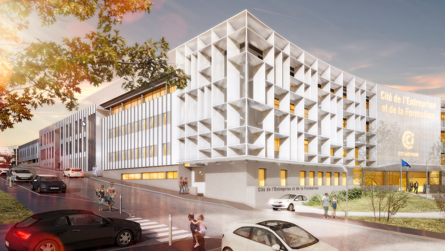 Une approche virtuelle de l'architecte Cédric Lacombe, du projet de la Cité de l'entreprise et de la formation de la CCI à Rodez-Bourran. 