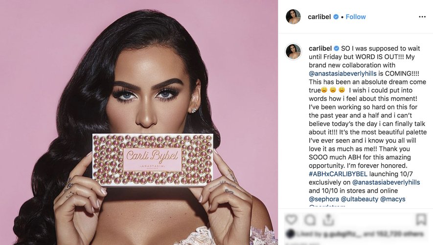Carli Bybel présente sur Instagram sa nouvelle palette de maquillage conçue avec la marque Anastasia Beverly Hills