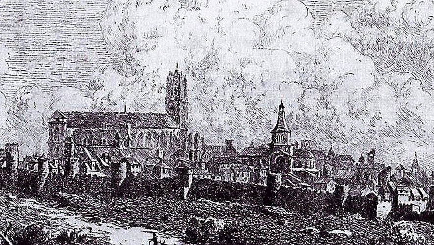 La ville de Rodez en 1653, gravure d’Eugène Viala d’après un tableau votif de l’église de Ceignac, à droite de la cathédrale, le clocher de l’église Saint-Amans avant sa démolition au XVIII siècle.