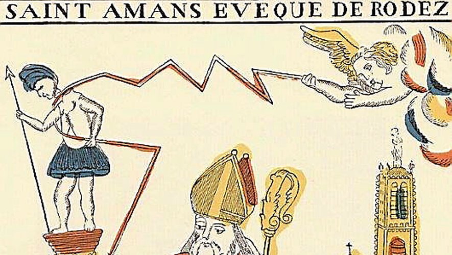 « L’évêque saint Amans considéré comme à la fois l’apôtre, le défenseur et le bienfaiteur de la ville ». Document extrait de « Le vieux Rodez » de Pierre Benoit, imprimerie Carrère 1912.