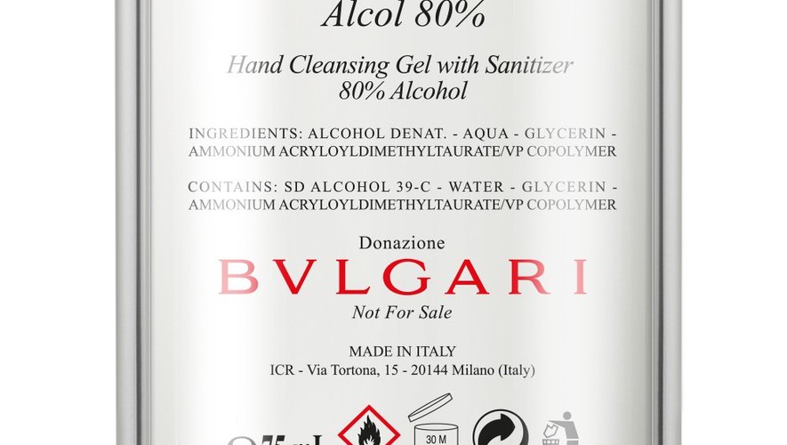 Bvlgari s'engage à faire don de flacons de gel hydro-alcoolique aux autorités britanniques.