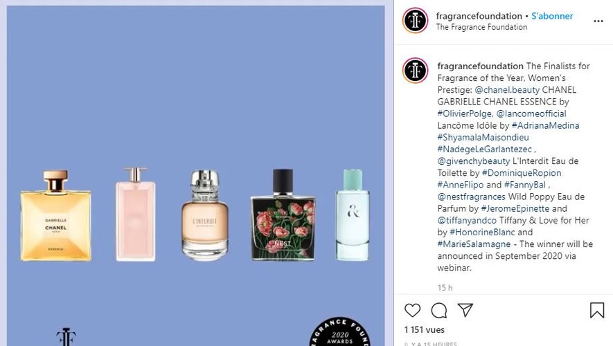 The Fragrance Foundation annonce la liste des finalistes de ses Awards 2020.