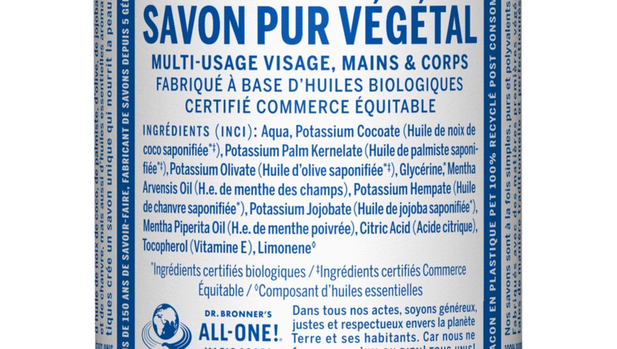 Le 18-en-1 Savon Liquide Pur Végétal de Dr. Bronner's.