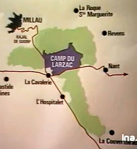 Sur ce document, on visualise l’enjeu de l’extension du camp du Larzac qui si elle ne concernait qu’une poignée d’agriculteurs a mobilisé tous ceux du plateau, de La Couvertoirade à Millau et de Nant à La Bastide-Pradines.