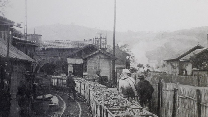 Les wagonnets sortent de la mine de la Buscalie, début du XXe siècle, on utilisait encore la traction animale.