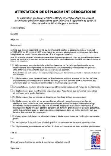 La nouvelle attestation dérogatoire, obligatoire dès ce samedi 28 novembre.