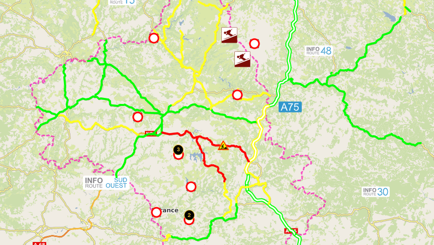 La situation (hors RN88 et A75) en Aveyron, ce jeudi à 7 h 30.