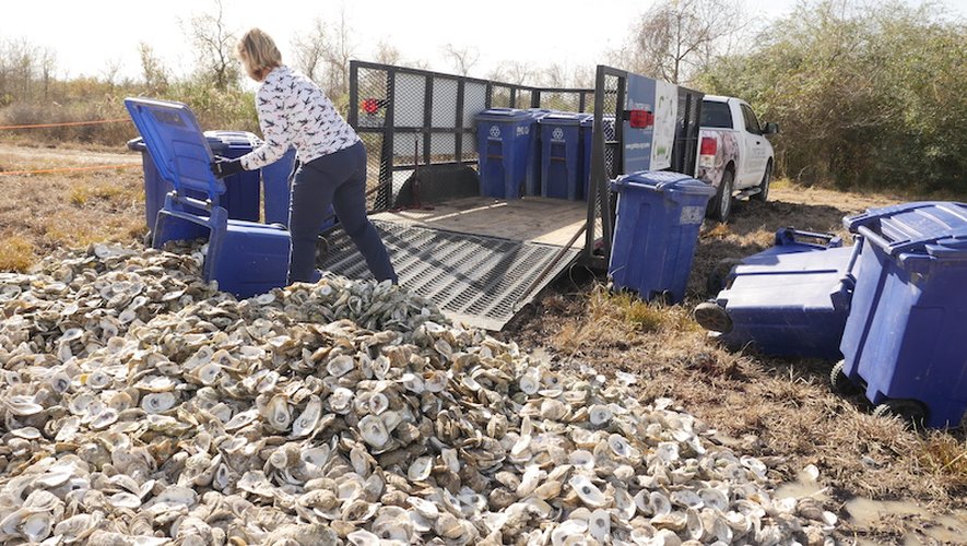A l'abri des regards, Shannon Batte de la Galveston Bay Fondation charge en effet sur sa remorque sept poubelles de 80 kilos, remplies de coquilles d'huîtres, mais aussi d'eau, de fourchettes oubliées et de citrons.
