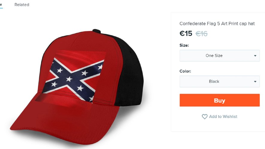 Sur le site Wish.com en France, cette casquette avec le drapeau confédéré est vendu à 15 euros.