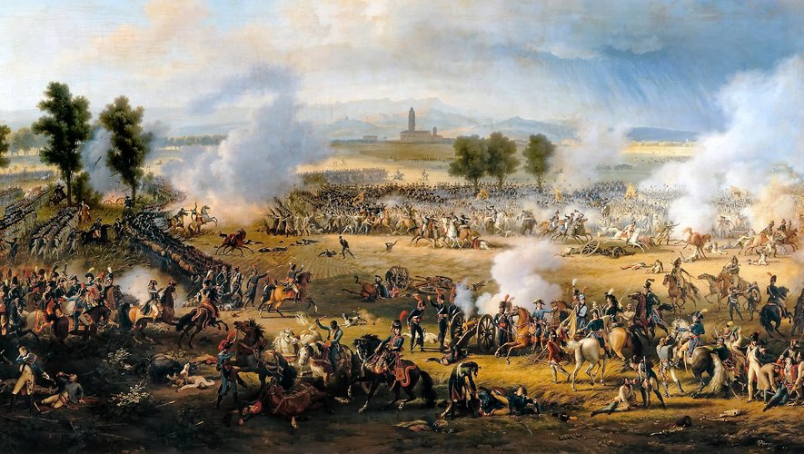 Au centre du tableau de Lejeune, les dragons ramenant le chef Zach à Napoléon lors de la bataille de Marengo.