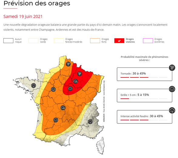 Les prévisions orageuses du site Keraunos.