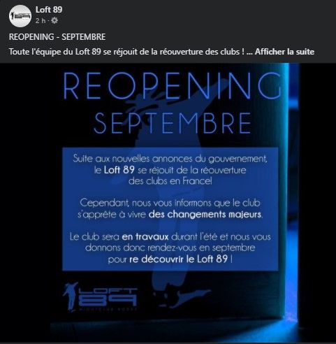 Le message de la boîte de nuit sur son Facebook.