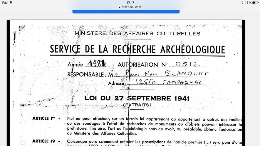 L'autorisation de fouiller donnée en 1981 à Pierre-Marie Blanquet par le service de la recherche archéologique.