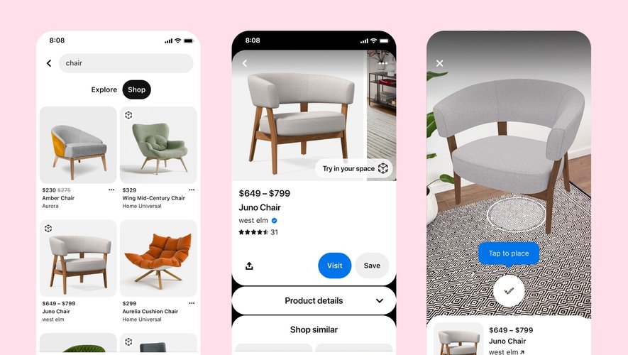 Pinterest a dévoilé son outil en réalité augmentée "Try On for Home Decor", disponible pour le moment uniquement sur iOS et Android aux Etats-Unis.