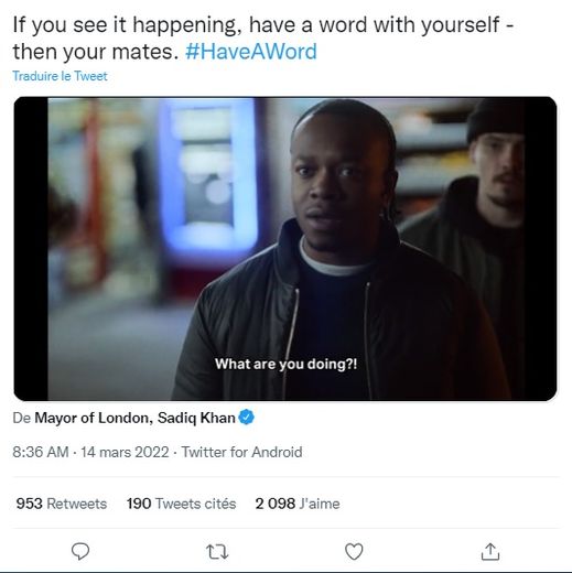 Le maire de Londres, Sadiq Khan a partagé la campagne de sensibilisation sur Twitter, ce 14 mars.