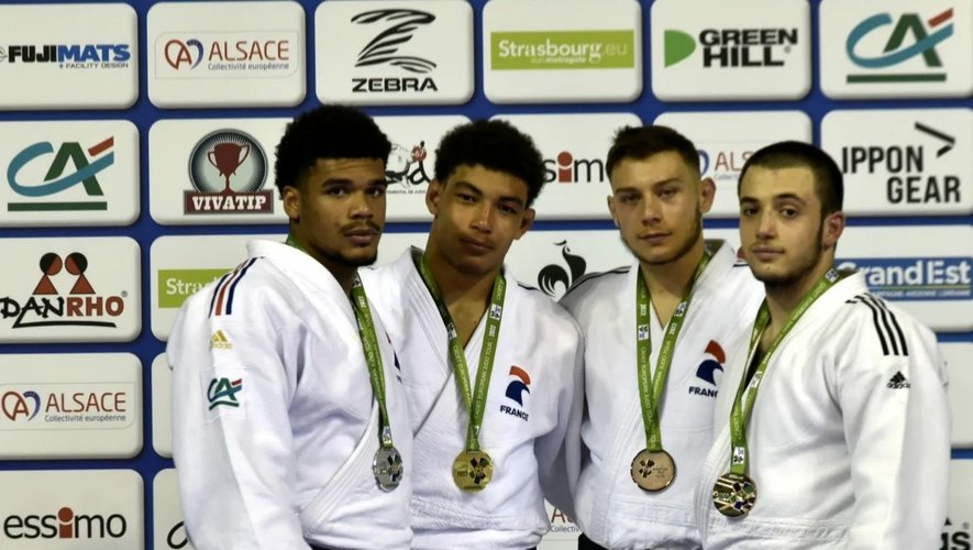 Le podium de la catégorie -90 kg en coupe d'Europe cadets avec le Ruthénois Eros Bonino (2e à droite).