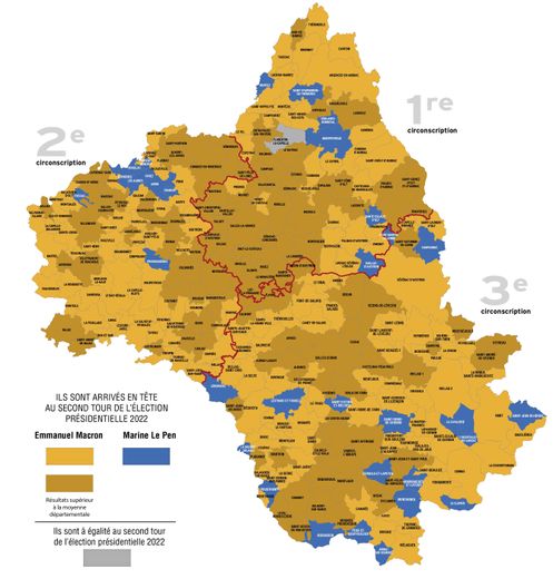 Le vote dominant par commune. Pour Emmanuel Macron, l’orange foncé symbolise les zones où le président sortant a dépassé les 60 %, conféré par l’ensemble des Aveyronnais à l’issue du second tour.