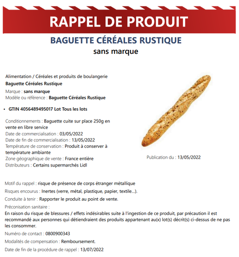 Tous les lots vendus entre le 3 et le 13 mai 2022 sont concernés par ce rappel.