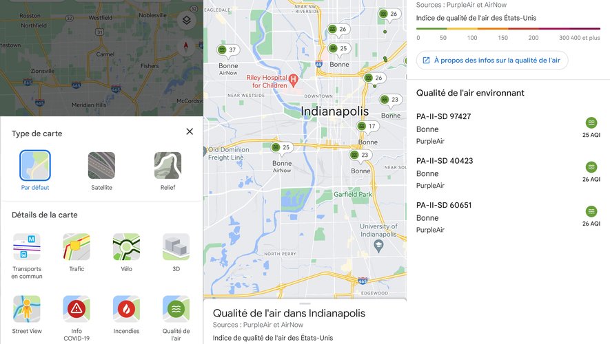Google Maps propose maintenant de connaitre la qualité de l'air près de chez soi (ici à Indianapolis, aux États-Unis).