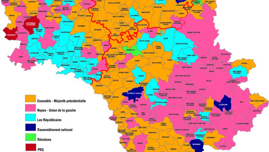 Le nouveau code couleur des communes de l'Aveyron selon leurs votes lors du premier tour des élections législatives.