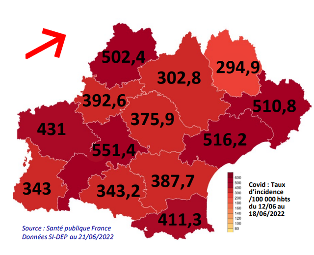 Quatre départements ont un taux d'incidence qui dépasse les 500 : la Haute-Garonne, l'Hérault, le Gard et le Lot.