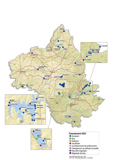 La carte des sites naturels de baignade et leur classement par couleur arrêté en 2021. Seul, celui de Bor-et-Bar est jugé de qualité insuffisante pour avoir au cours des quatre années précédentes présenté des analyses non conformes. S’y baigner n’est pour autant ni interdit, ni dangereux.