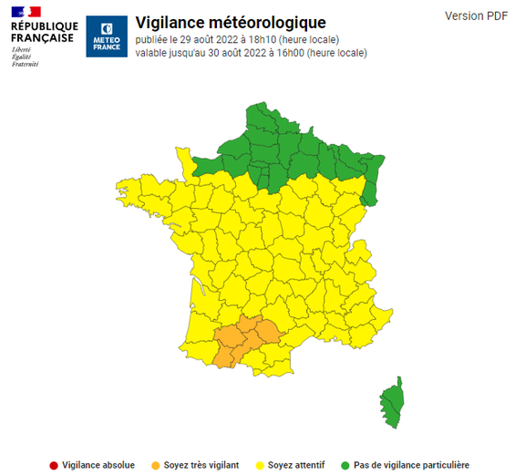 Cinq départements d'Occitanie sont passés en vigilance orange.