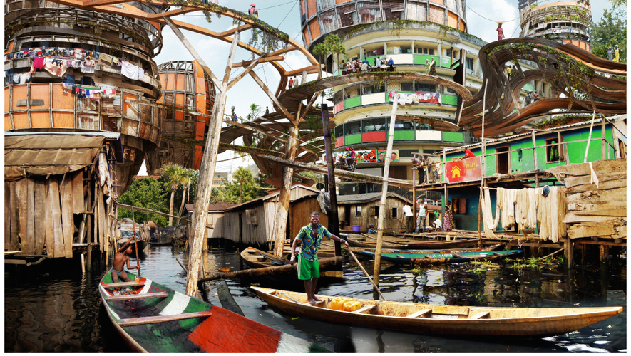 Olalekan Jeyifous a imaginé ce à quoi ressemblerait Lagos en 2050 dans sa série "Shanty Megastructures" ("mégastructures de bidonvilles improvisées", en français).