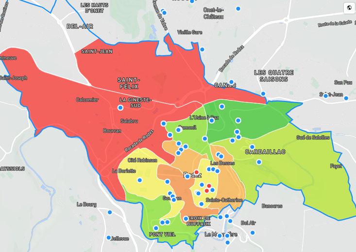 Aperçu des quartiers de Rodez des plus chers (en rouge) au plus abordables (en vert).