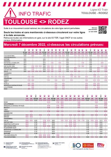 Voici les trains et cars qui circuleront ce mercredi 7 décembre entre Rodez et Toulouse et vice-versa.