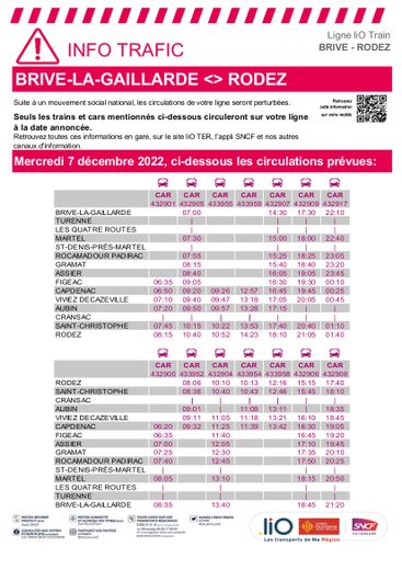 Voici les trains et cars qui circuleront ce mercredi 7 décembre entre Rodez et Brive et vice-versa.