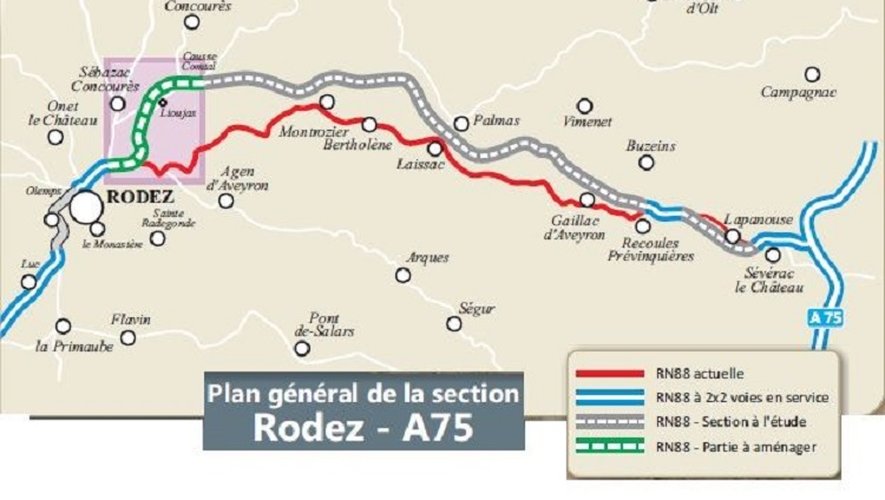 En gris, le dernier tracé connu pour la RN88 à 2x2 voies entre Rodez et Sévérac-d’Aveyron. En rouge, l’actuel tracé.