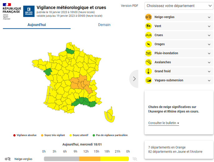 Sept départements sont encore en vigilance orange ce mercredi 18 janvier 2023.