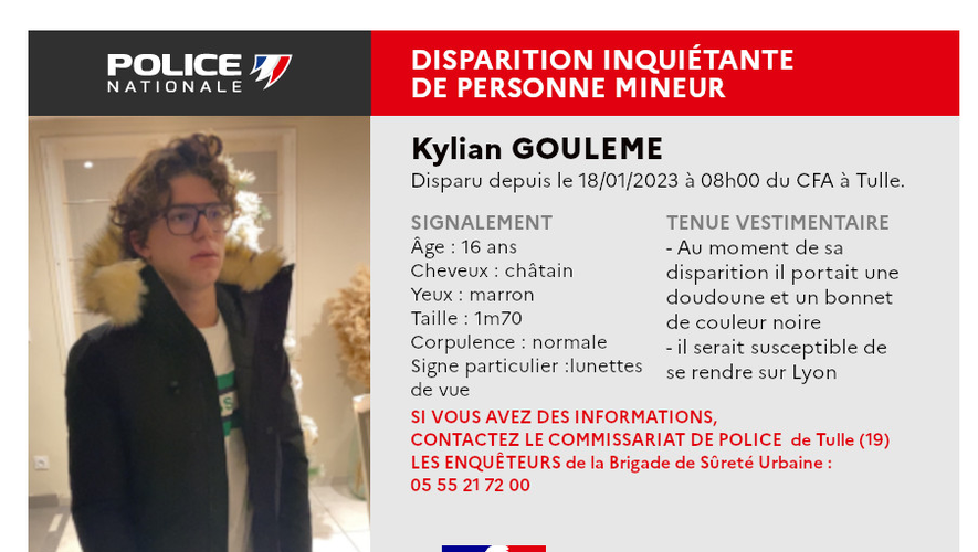 L'adolescent a disparu le matin du mercredi 18 janvier matin du Centre de formation des apprentis de Tulle (Corrèze).