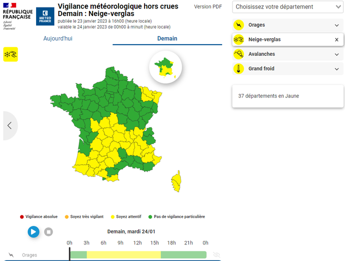 Les 37 départements maintenus en vigilance jaune neige-verglas ce mardi.