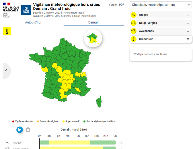 Les 17 départements en vigilance grand froid ce mardi.