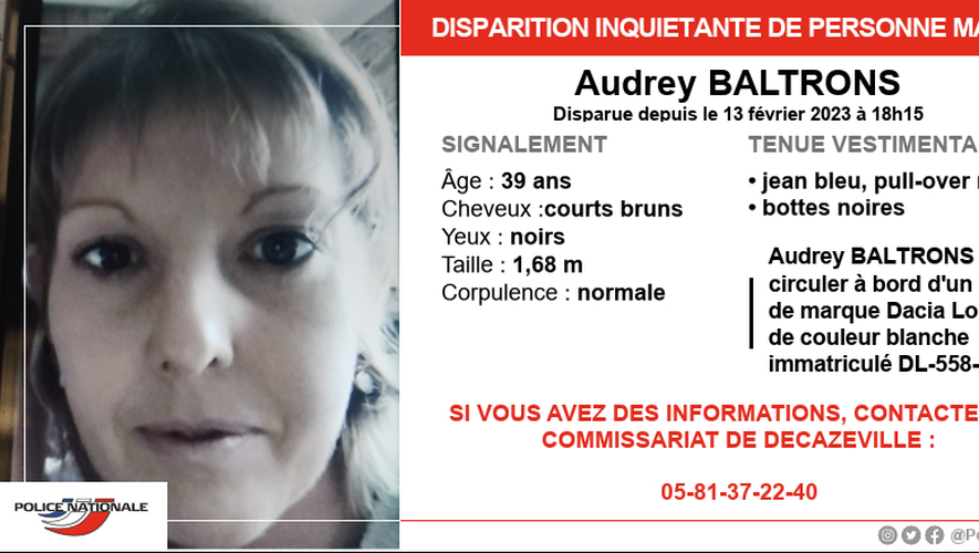 Audrey Baltrons a disparu depuis lundi 13 février en début de soirée.