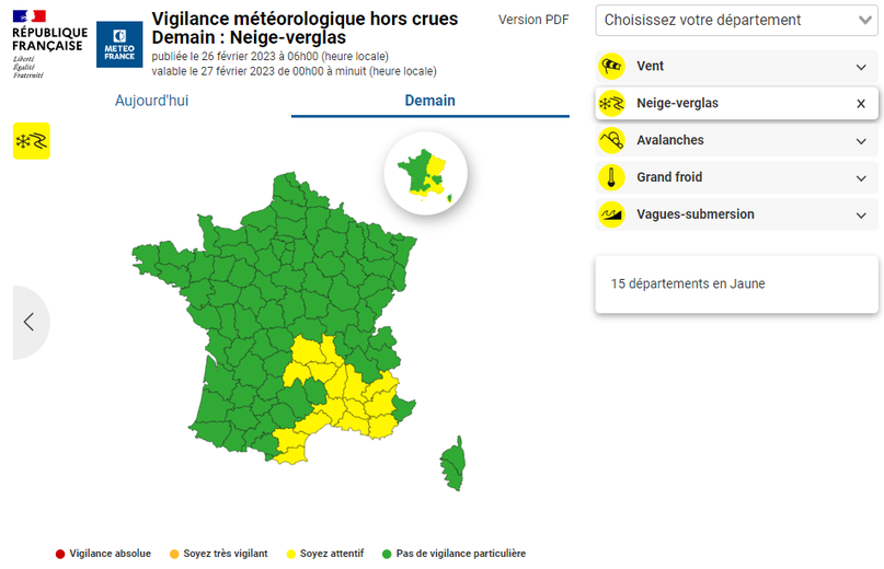 15 départements seront en vigilance jaune neige-verglas ce lundi.